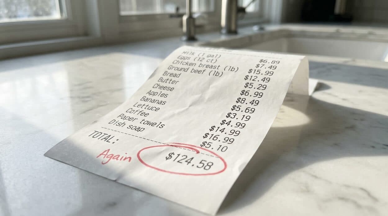 Grocery receipt with rising totals highlighted