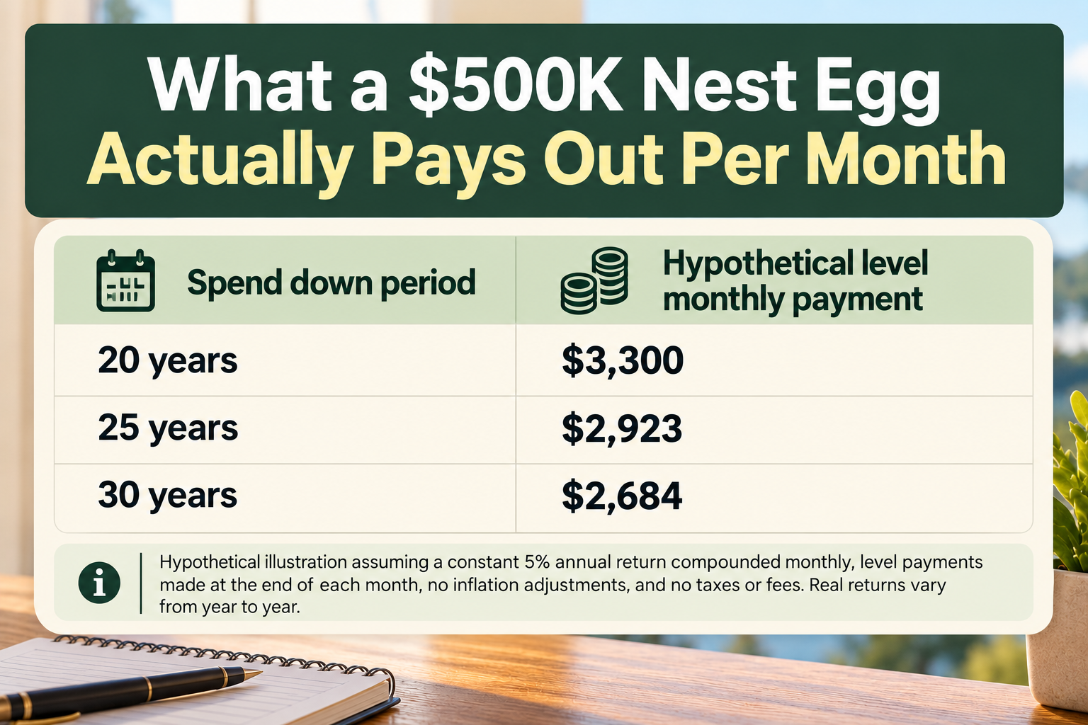 Monthly payments from spending down a $500,000 nest egg over 20, 25, or 30 years